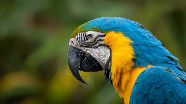 Blue and yellow macaw parrot close portrait tropical bird