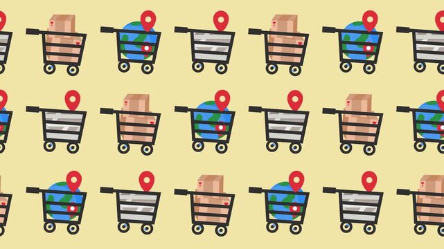 Seamless pattern of shopping carts with earth globes, packages, and location pins icon in background animation. Global logistics and international e-commerce delivery concept wallpaper.