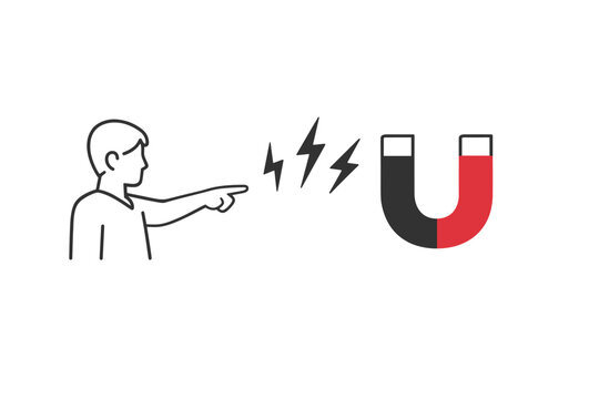 Minimalist line art vector illustration of a person pointing towards a red and black U-shaped magnet with lightning bolts symbolizing magnetic force, attraction, energy, and power concepts.
