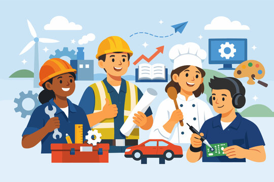 National Apprenticeship Week Vector Illustration Featuring Diverse Professionals in Engineering Construction Culinary and Electronics Careers for Vocational Training and Skills Development Concept
