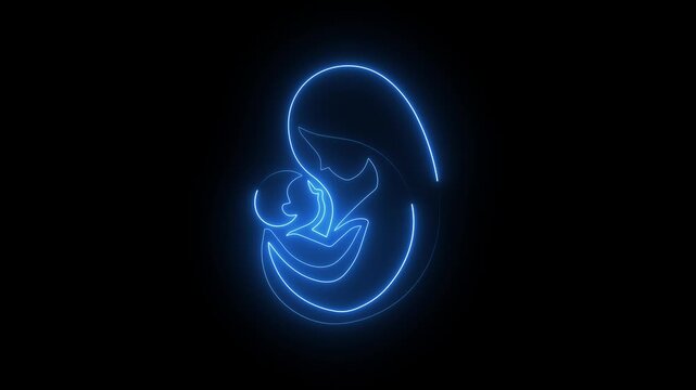 Neon mother and baby icon in blue glow, maternity and childcare symbol.