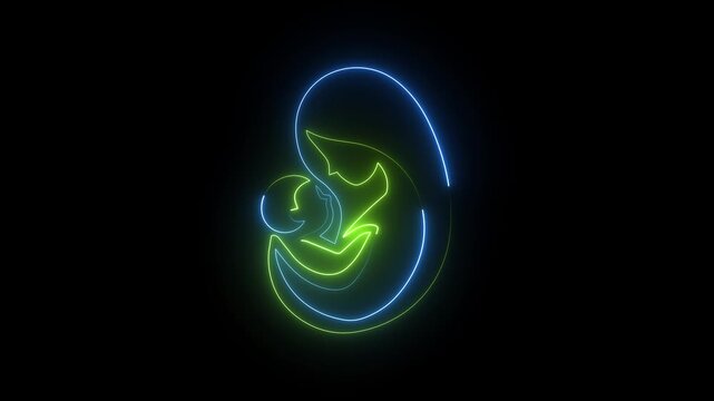Neon mother and baby icon with green and blue glow, maternity care symbol.