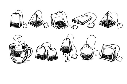 Hand-drawn tea bag collection in black and white sketch style. Vector illustration set featuring pyramid, round, and rectangular tea bags, a cup of hot tea, dripping tea, and loose leaf bags.