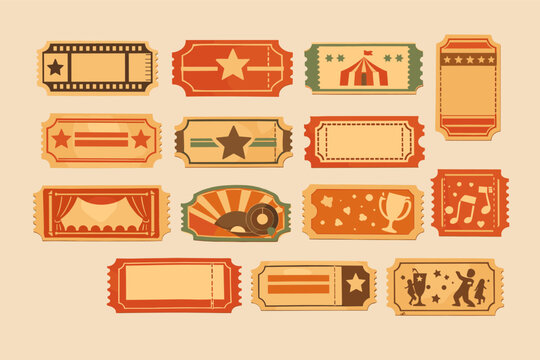 Collection of Vintage Ticket Elements and Retro Admit One Passes for Cinema Movie Circus Theater Concert and Live Events, Old Paper Style Vector Illustration with Distressed Texture Design
