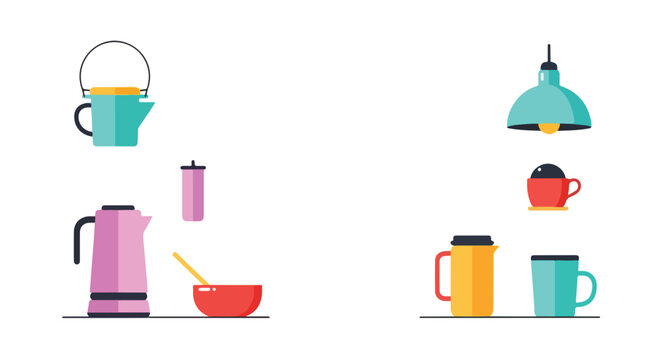 A minimalist vector set showcasing colorful household objects including a pendant lamp, teapots, mugs, and kitchenware on a white background.