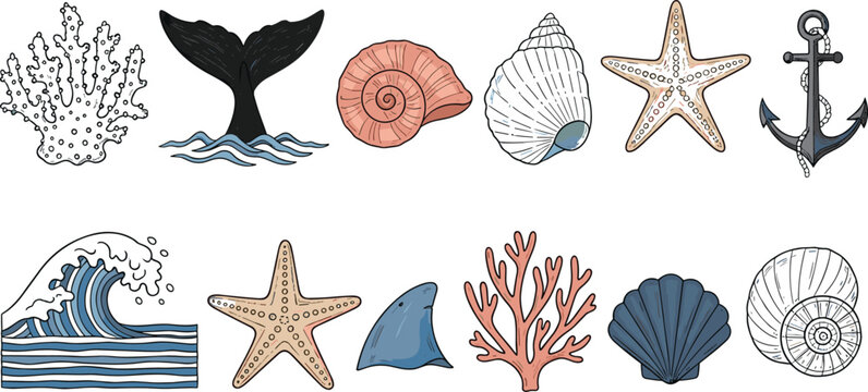 Marine elements vector set featuring seashells, starfish, coral, whale tail and ocean wave in hand drawn nautical style