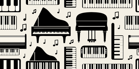 Seamless pattern of pianos and musical notes on a beige background © Suvro