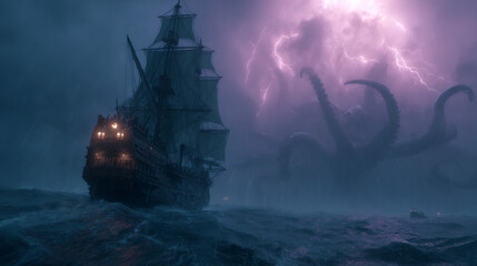 Fototapeta premium pirate ship trapped in kraken storm maelstrom, ancient vessel consumed by abyssal sea monster, dark fantasy ocean battle with colossal tentacles