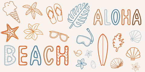 Hand drawn tropical beach doodles and lettering on a beige background © Suvro