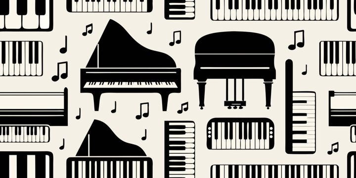 Seamless pattern of pianos and musical notes on a beige background