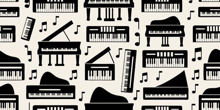 Seamless pattern of pianos musical notes and keyboard instruments