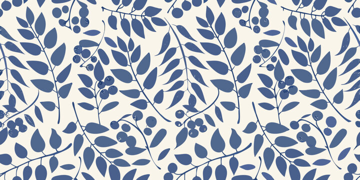 Blueberry branch and leaf seamless pattern stylized illustration