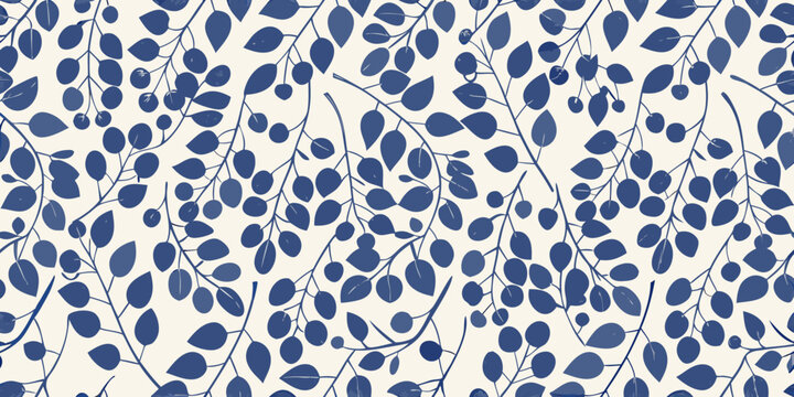 Stylized blueberry branch pattern seamless repeating floral illustration