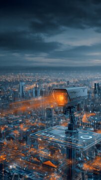 Aerial robotic camera above city, tablet graphs, holographic UI, smart infrastructure.