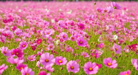 Fototapeta premium Vast Field of Vibrant Pink Cosmos Flowers in Full Bloom Under Sunlight, Capturing Natural Beauty