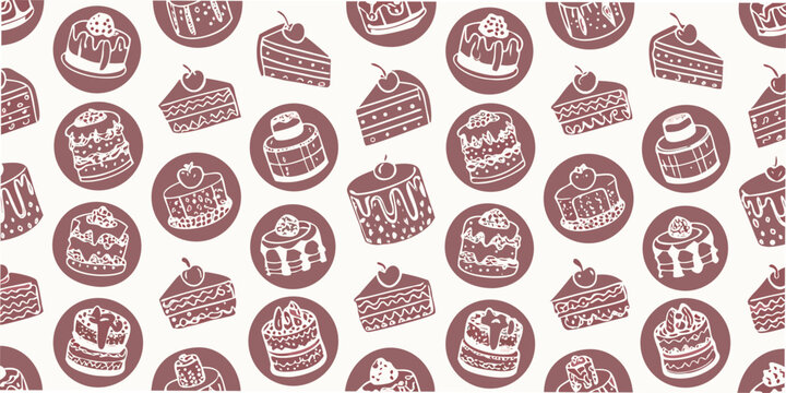Seamless pattern with cakes and pastries minimalist line art