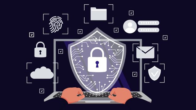 A person secures online data with a shield and padlock on a laptop.