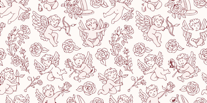 Seamless repeating vector pattern with cherubs and roses