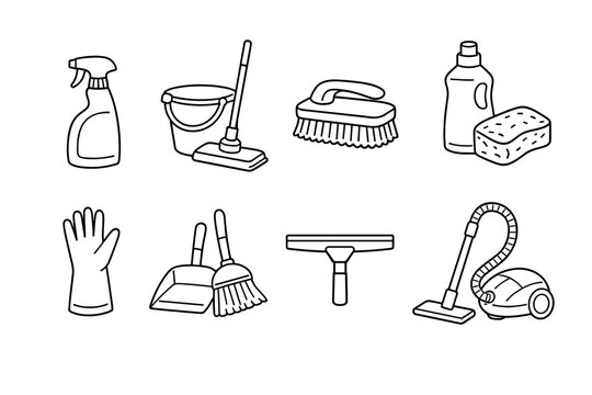 Octet of Minimalist Linear Symbols for Sanitation and Home Maintenance. Doodled Collection of Janitorial Essentials Including Suction Devices, Scrubbing Pads, and Chemical Sprays for Hygiene.