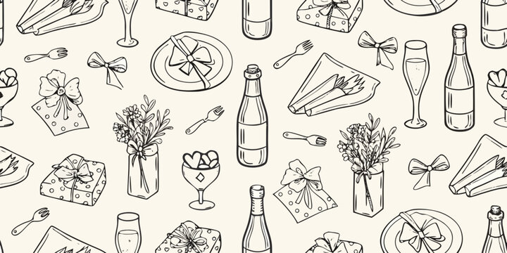 hand drawn doodle seamless pattern with gifts flowers and champagne