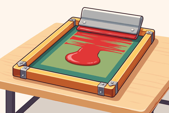 Professional silk screen printing frame with vibrant red ink and squeegee on a wooden table. Vector illustration of screenprinting equipment for textile design, apparel manufacturing, and art.