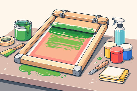 Vector illustration of a professional silk screen printing setup on a table with a wooden frame, green ink, squeegee, colorful paint cans, spray bottle, and tools for textile design and art.