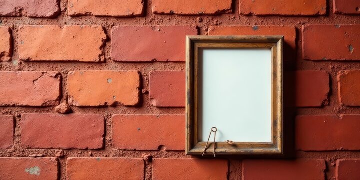 Rustic wooden frame with blank canvas against a textured brick wall background