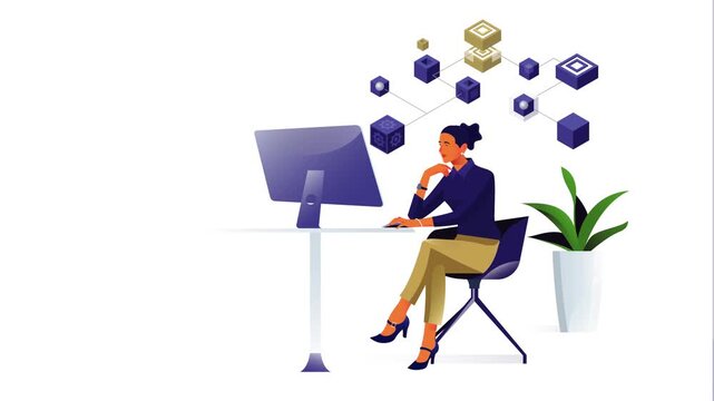 Woman sits at desk with computer and thinks while symbols float above