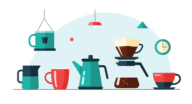 A clean vector illustration showcasing various teal and red coffee-making tools, including a kettle, dripper, and mugs on a minimalist surface.