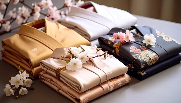 テーブルの上に丁寧に畳まれて並ぶ上品な和服と桜