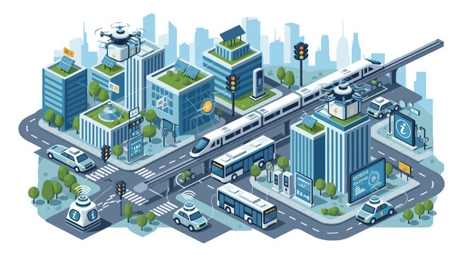 Isometric illustration of a smart city with integrated technology, sustainable buildings, autonomous vehicles, and advanced public transport systems.