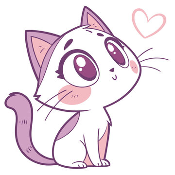 Cute cat with heart looking up vector illustration.
