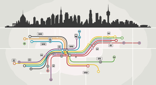 Stylized city skyline above a complex, colorful subway metro map with multiple lines and stations, illustrating urban transportation infrastructure.