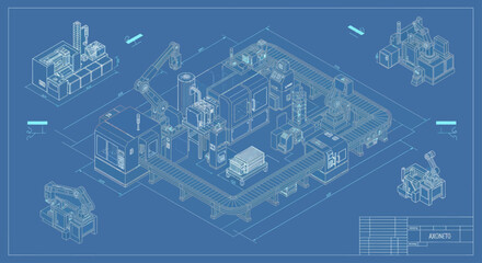 Blueprint of a complex industrial facility with detailed machinery and structures. © Kancil