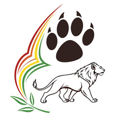 Minimalist lion with paw print and colorful swoosh. © Sobur