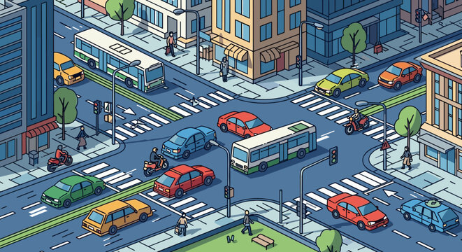 Isometric view of a bustling city intersection with various vehicles, pedestrians, and buildings under a clear sky, depicting urban life and traffic flow.