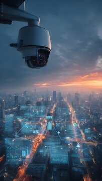 Robotic camera above smart city, analytics tablet, holographic UI, blue-orange sky.