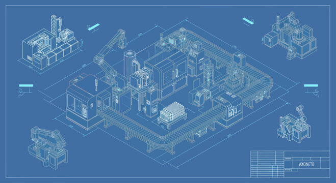 Blueprint of a complex industrial facility with detailed machinery and structures.