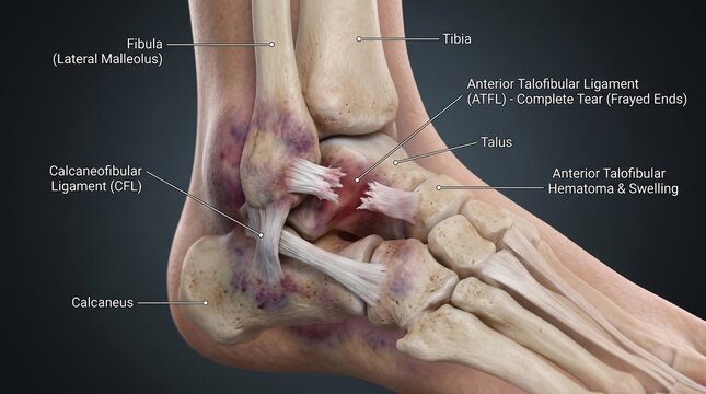 Detailed 3D illustration of a human ankle showing fractured tibia fibula talus and calcaneus bones with ligament tears