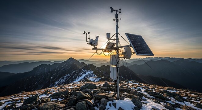 Weather station on mountain peak landscape.