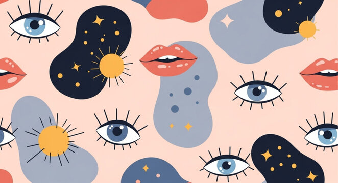 Abstract Pattern with Eyes Lips and Celestial Elements.