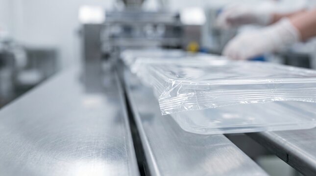 Clear plastic food containers being sealed on an automated packaging line