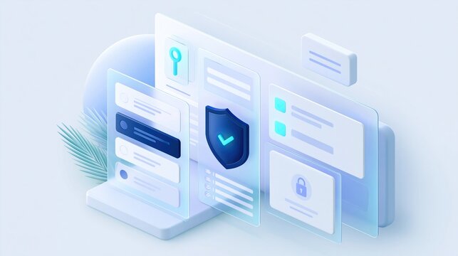 Isometric 3d glass morphism style cybersecurity interface with protection shield and check mark for online data security and digital privacy concept