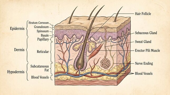 Detailed illustration of human skin anatomy showing epidermis dermis and hypodermis layers