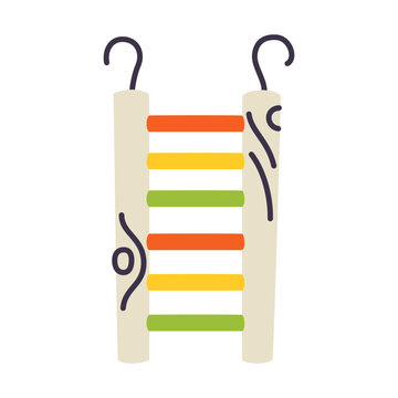 Cute doodle bird cage ladder, flat cartoon pet accessory for parrots and budgies. Wooden climbing perch and aviary equipment vector illustration, isolated colored clipart on white background
