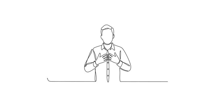 A minimalist line drawing of a man in a shirt and tie gesturing with his hands isolated on white background