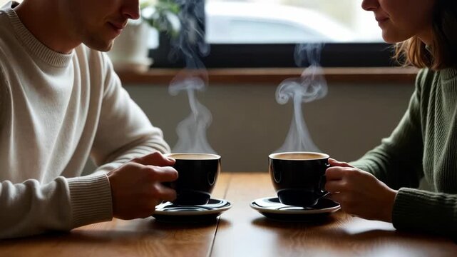 Tracking shot of couple drinking coffee together and leaning across wooden table by window inside cafe