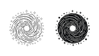 Cosmic galaxy swirl with stars vector element in grunge texture style with outline and solid black silhouette variations © TARU STOCKPLC