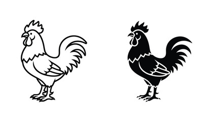 Rooster farm animal vector illustration in clean line art and solid black silhouette styles for rustic branding © TARU STOCKPLC