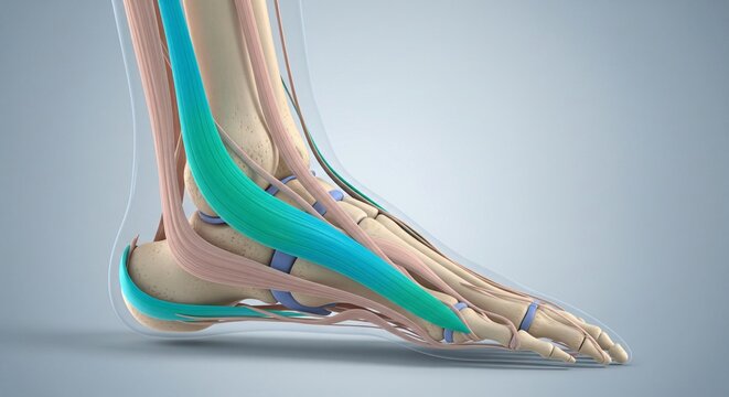 Anatomical illustration showing human foot bones tendons and ligaments with highlighted muscles